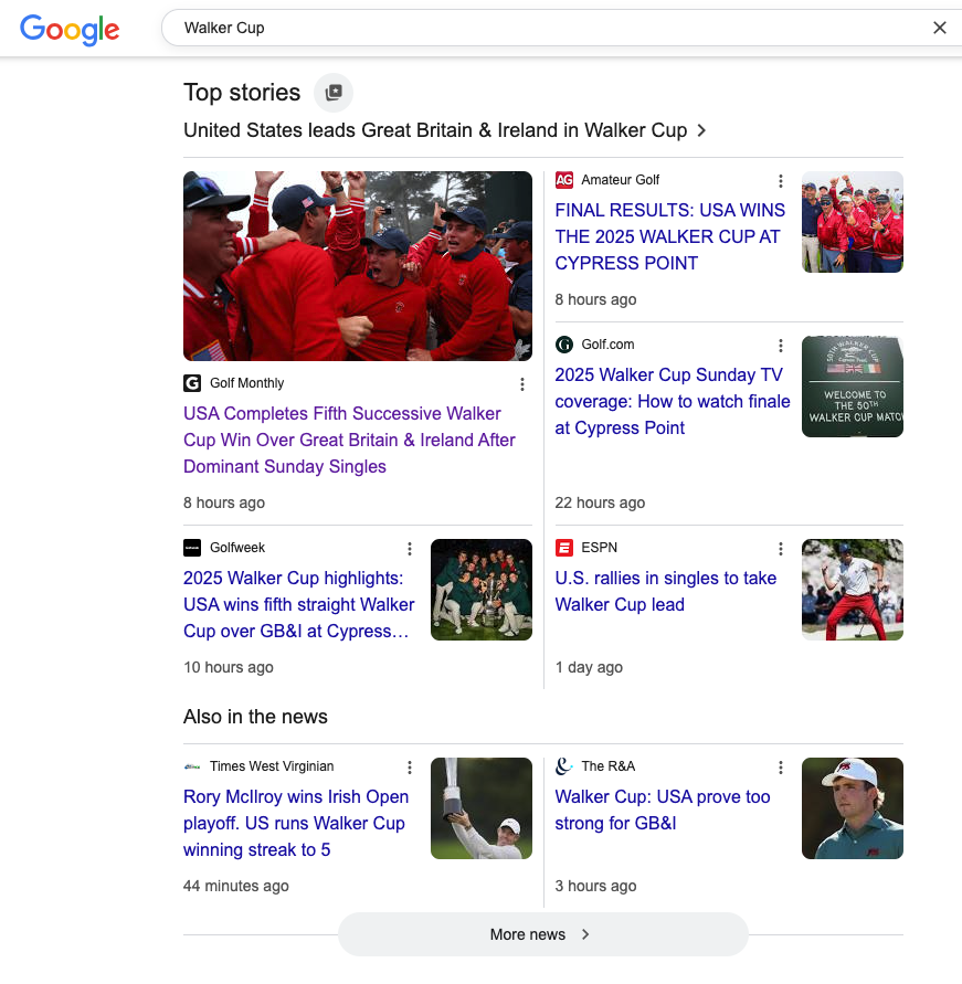 A Top Stories Google box showing Walker Cup news stories