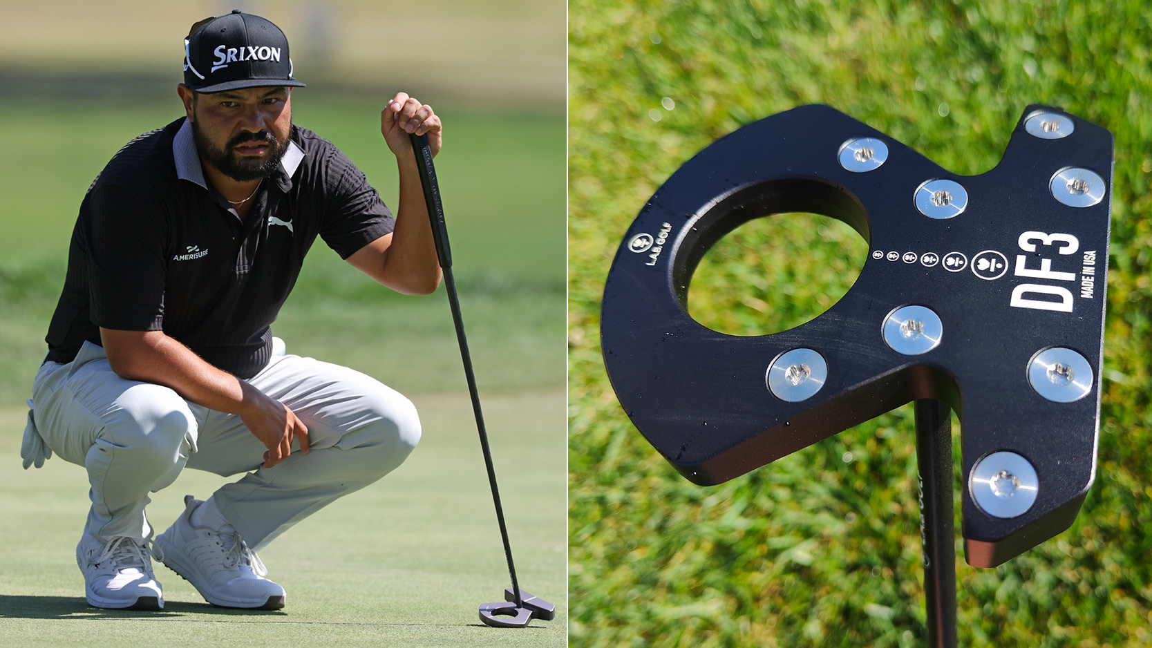 JJ Spaun lines up a putt, with a close up of the L.A.B Golf DF3 putter
