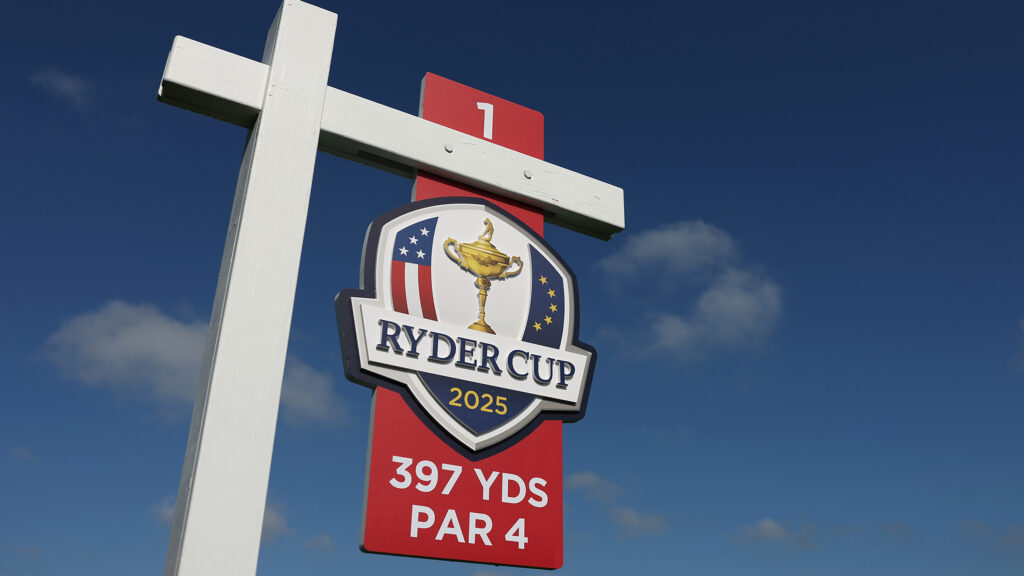 The 1st tee sign at Bethpage Black during the Ryder Cup 2025