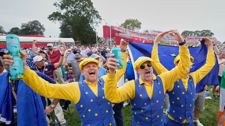 Europe's fans cheer during the opening ceremonies for the Ryder Cup golf tournament.