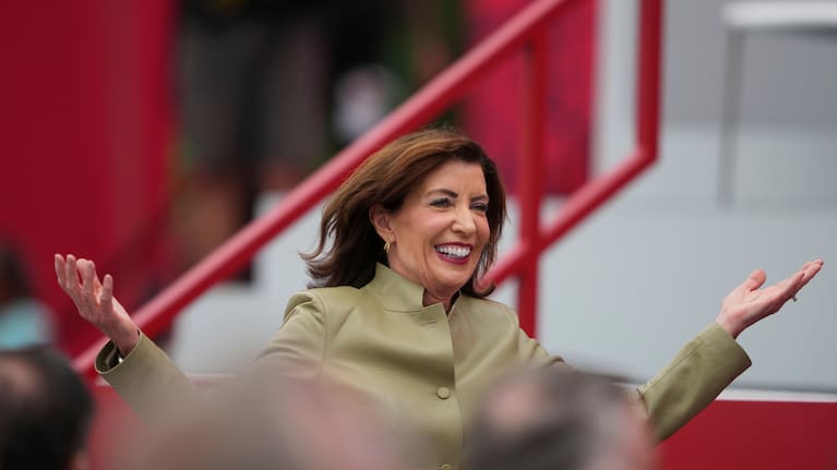 New York Gov. Kathy Hochul arrives for the opening ceremonies at the Ryder Cup golf tournament.