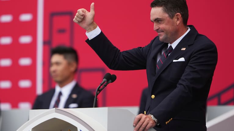 United States captain Keegan Bradley speaks during the opening ceremonies for the Ryder Cup golf tournament.