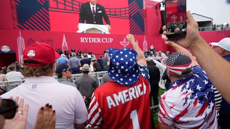 United States captain Keegan Bradley speaks during the opening ceremonies for the Ryder Cup golf tournament.