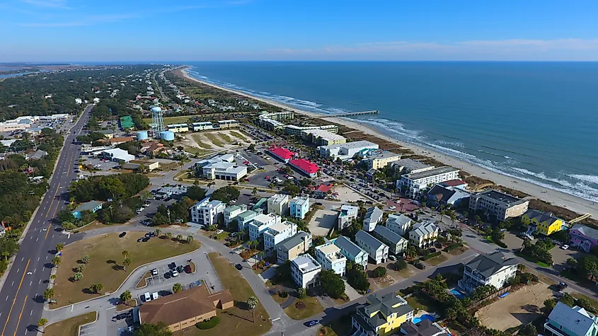 Aerial view of Isle of Palms, South Carolina and the Atlantic Coast.