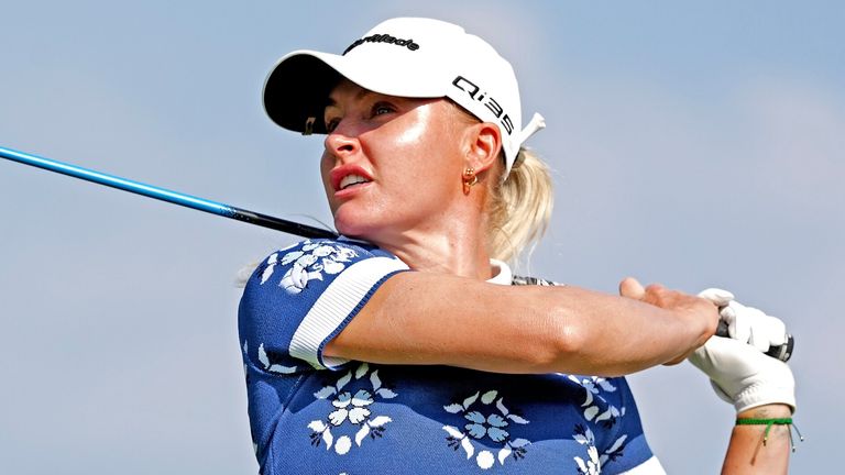 Charley Hull plays a tee shot during the final round of the LPGA Kroger Queen City Championship (Icon Sportswire via AP Images)