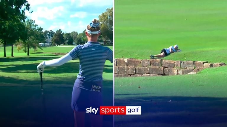 A volunteer was forced to lie down in the rough as Nelly Korda hit her tee shot at the 14th hole of the Walmart NW Arkansas Championship.
