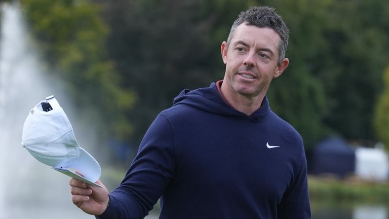 Rory McIlroy acknowledges the crowd on the 18th green on on day two of the 2025 Amgen Irish Open at The K Club, Ireland (PA Images)