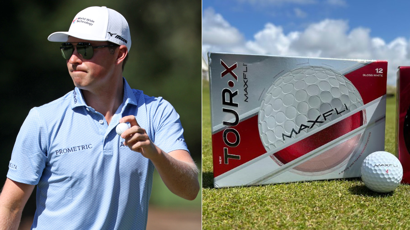 Ben Griffin waves to the crowd and a close up of the Maxfli Tour X golf balls