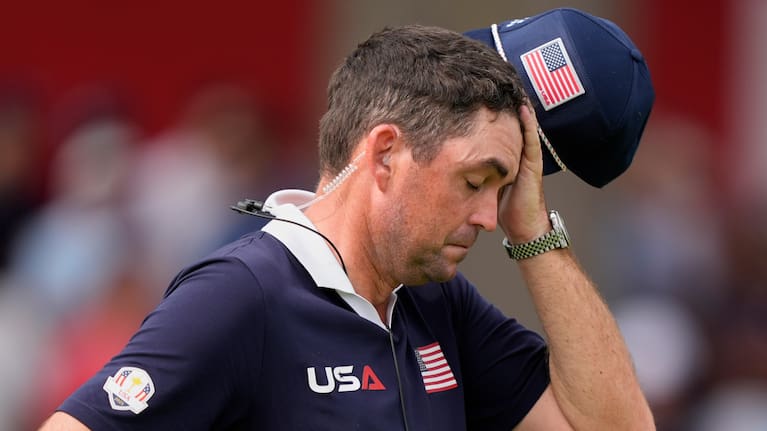 United States captain Keegan Bradley reacts on the second hole at Bethpage Black golf course during the Ryder Cup golf tournament.