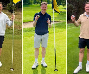 Amateur golfer Pete Sawyer in three photos, all holding the ball up to camera in celebration on the green after making three holes-in-one in just three months