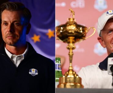 Henrik Stenson looks on, with Luke Donald smiling next to the Ryder Cup