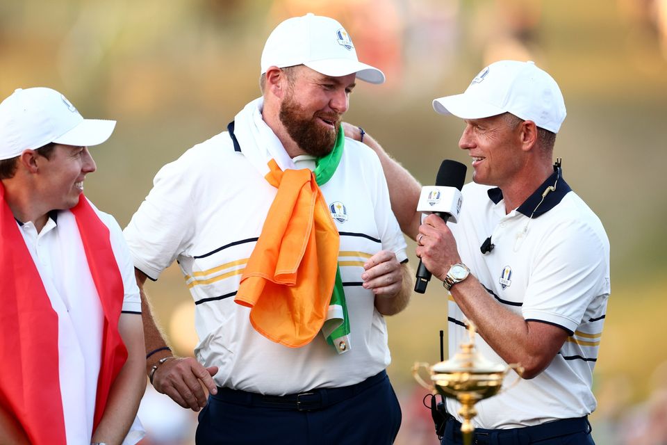 Europe captain Luke Donald, right, and Shane Lowry after winning the Ryder Cup at Bethpage in Farmingdale, New York. Photo: Vaughn Ridley/Sportsfile