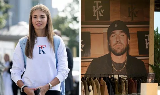 Kai Trump and Travis Kelce wear their initial logo merch
