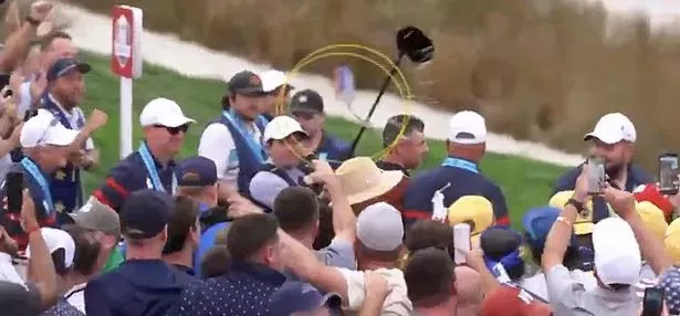 Beer being thrown at Erica Stoll during the 2025 Ryder Cup
