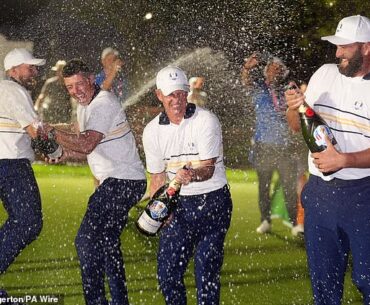 Donald celebrates with Rory McIlroy by his side after Team Europe's historic win on US soil