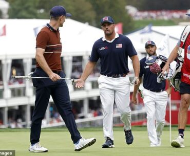 Tommy Fleetwood (not pictured) has revealed what really happened during the heated confrontation between Justin Rose (left) and Bryson DeChambeau (centre) at the Ryder Cup