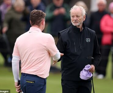 Billy Murray, 75, showed off his golfing skills as he teamed up with Scottish pro Robert MacIntyre at the famous Carnoustie Golf Links in Scotland on Thursday