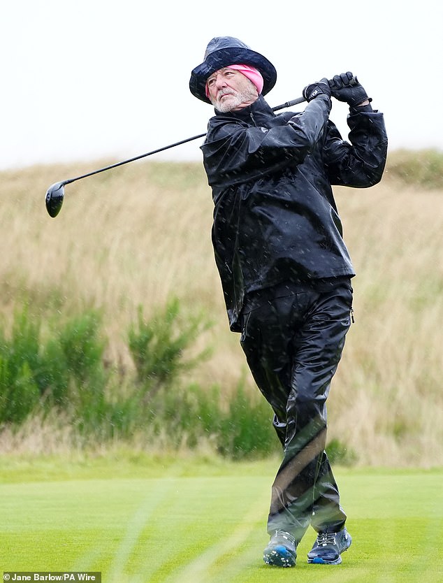 Elsewhere on the course, actor Bill was seen braving the rain for his rounds as he dressed head-to-toe in black waterproof clothing