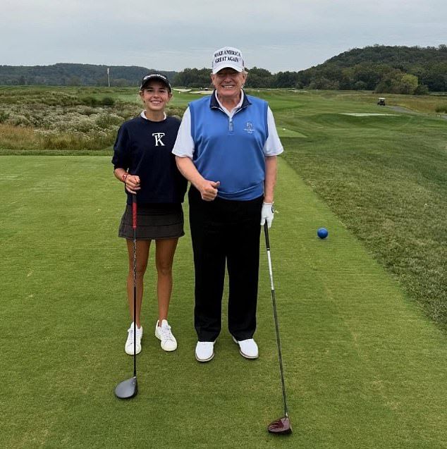 Kai is pictured with her presidential grandfather, Donald Trump, ahead of playing a round