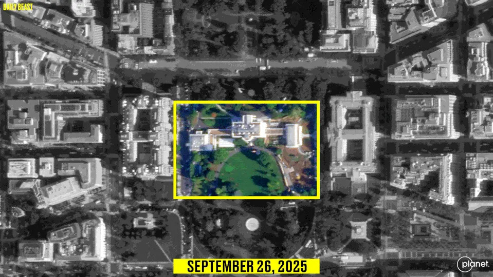 The demolition, which began this week, is to make way for Trump’s 90,000-square-foot ballroom.  / Photo Illustration by Elizabeth Brockway/The Daily Beast/Planet Labs PBC