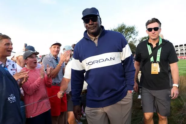 Michael Jordan looks on during the Saturday morning foursomes matches of the 2025 Ryder Cup at Black Course at Bethpage State Park Golf Course on September 27, 2025 in Farmingdale, New York.