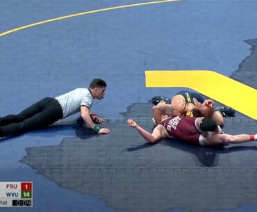 174lbs Brody Conley (West Virginia) vs fall Elijah Wellings-Osha (Fairmont State)