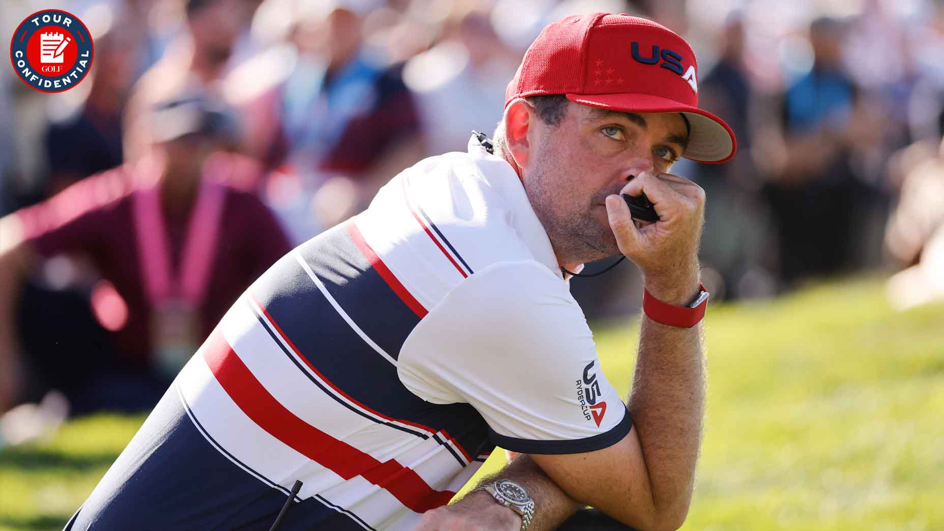 Keegan Bradley looks on during Sunday singles at the 2025 Ryder Cup