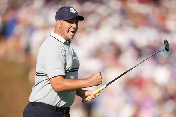 Sepp Straka of Team Europe reacts to his putt on the 14th green during the Friday afternoon four-ball matches during he 2025 Ryder Cup at Black Course at Bethpage State Park Golf Course on September 26, 2025 in Farmingdale, New York.