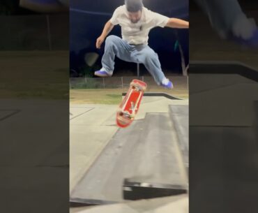 Backside Bigspin, switch hard flip line at the Local skatepark.
