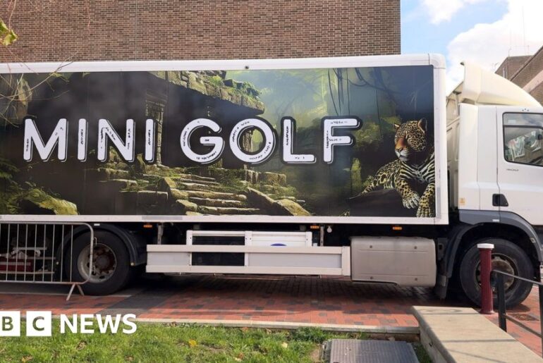 Professional Idiots build mini golf course in lorry in Kent Professional Idiots build mini golf course in lorry in Kent