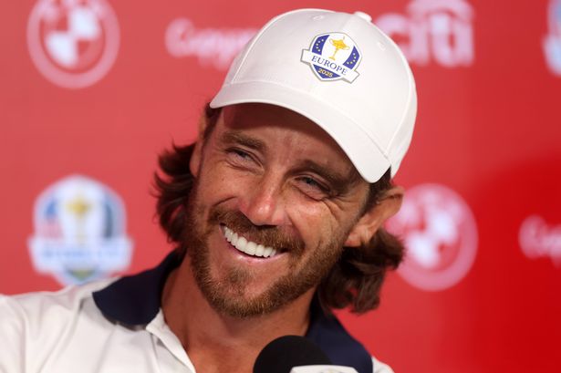 Tommy Fleetwood smiles during the Ryder Cup winners' press conference