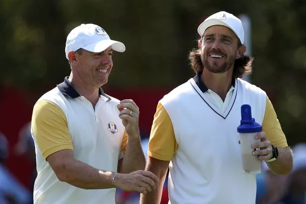 Rory McIlroy with Tommy Fleetwood prior to the Ryder Cup 2025
