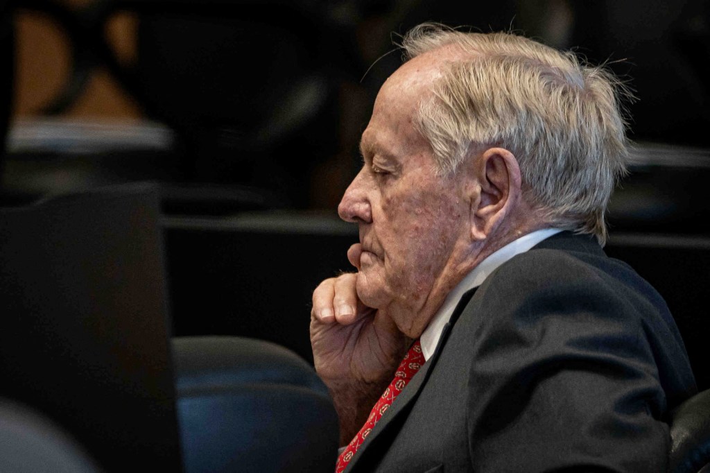 Jack Nicklaus sits during a recess in closing arguments at the Judge Daniel T. K. Hurley Courthouse in West Palm Beach on Oct. 20, 2025.
