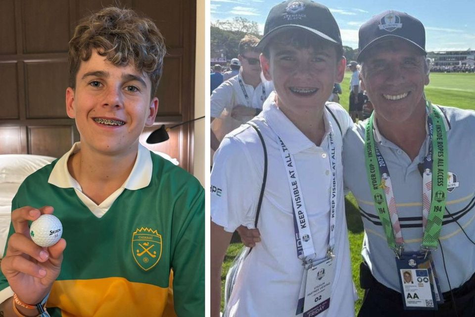 Milo Lennon pictured with Shane Lowry's winning ball from the Ryder Cup and Chelsea legend Gianfranco Zola