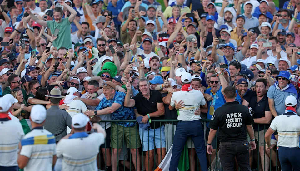 A view of the fans interacting with Team Europe after their 15-13 win over Team United States at the 2025 Ryder Cup at Bethpage Black.