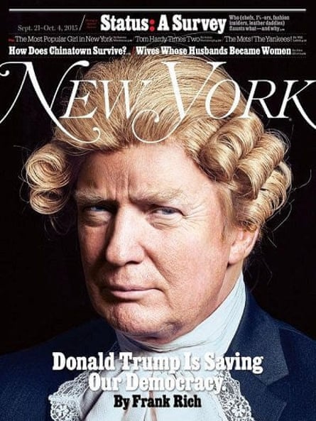 Trump digitally manipulated to wear a coiffed wig in emulation of George Washington on the cover of New York magazine. 