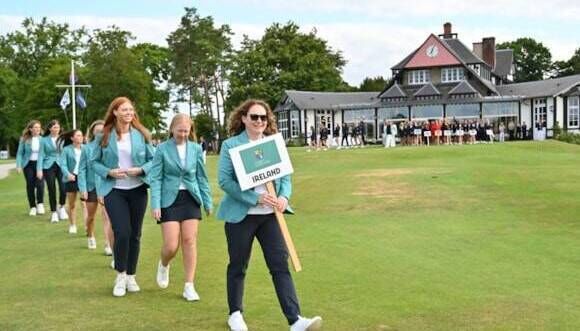LEADING THE WAY: Gillian O'Leary leads Ireland in the parade at the European Amateur Team Championships earlier this summer. Pic: Tomas Stevens / FFGolf.