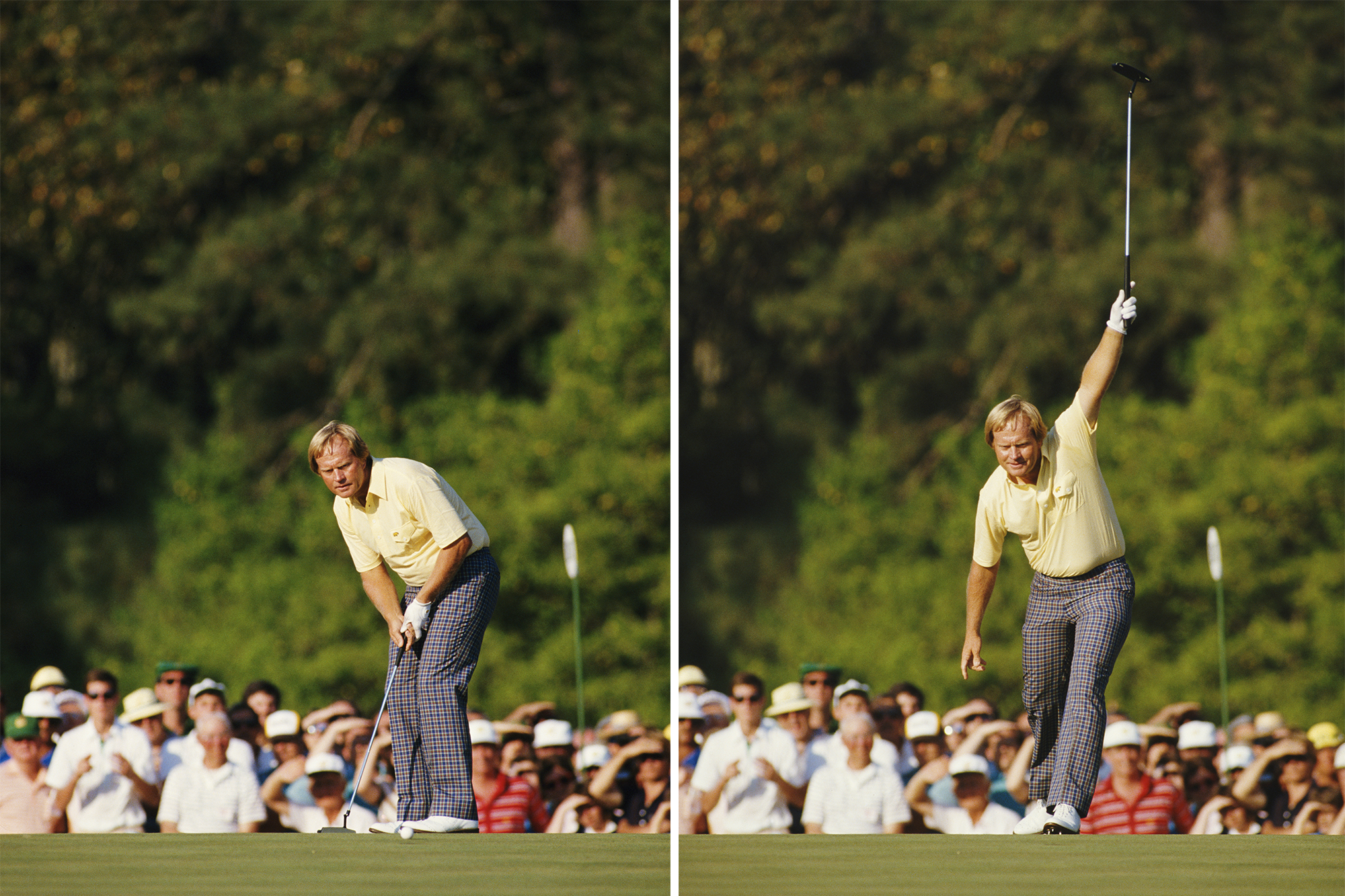 Jack Nicklaus celebrating winning the 1986 Masters by raising his putter aloft