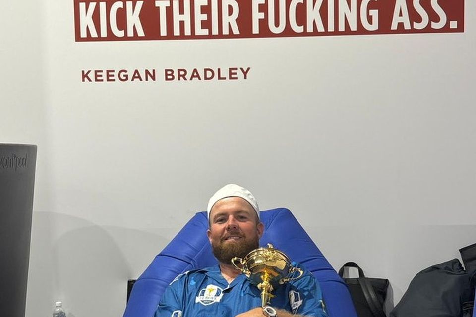 Shane Lowry celebrates with the Ryder Cup. Photo: Shane Lowry/X