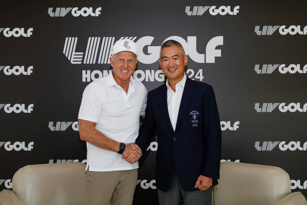 Then LIV Golf CEO Norman (left) with Hong Kong Golf Club captain Andy Kwok in 2023. Photo: LIV Golf