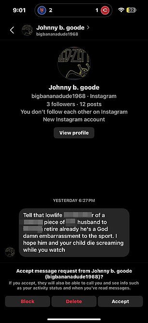 In one message an account called her husband a 'f***ing piece of s**t'