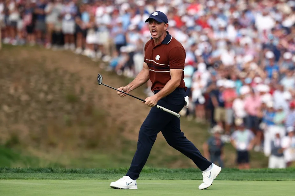 Rory McIlroy of Team Europe reacts on the 14th green during the Saturday afternoon four-balls matches of the 2025 Ryder Cup at Black Course at Bethpage State Park Golf Course on September 27, 2025 in Farmingdale, New York. Getty Images