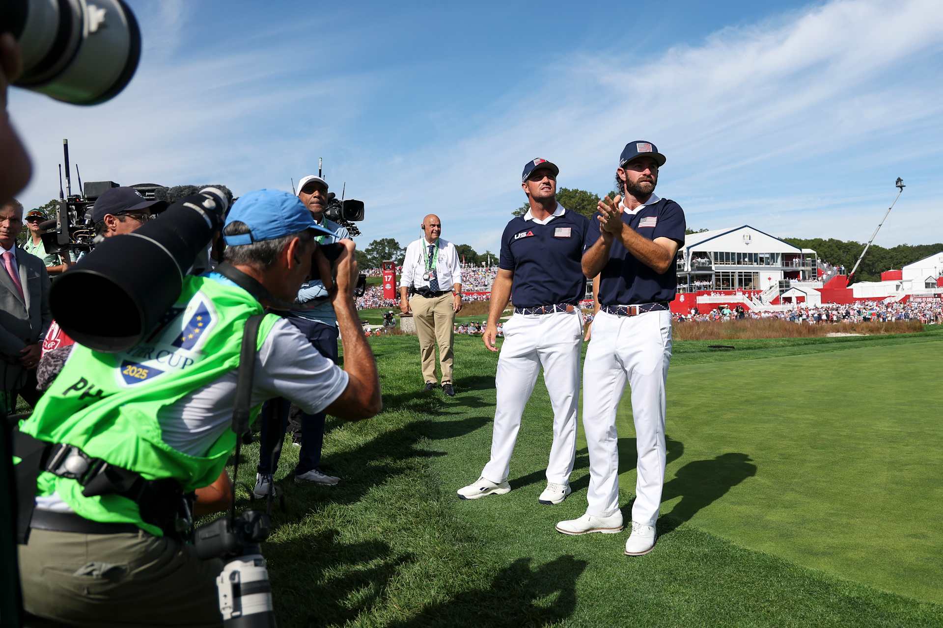 FARMINGDALE, NEW YORK - SEPTEMBER 27: Bryson DeChambeau and Cameron Young of Team United States look on during the Saturday morning foursomes matches of the 2025 Ryder Cup at Black Course at Bethpage State Park Golf Course on September 27, 2025 in Farmingdale, New York. (Photo by Jamie Squire/Getty Images)