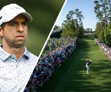 Aaron Rai looks on (left) while Rory McIlroy hits a drive down the 18th at Augusta National (right)