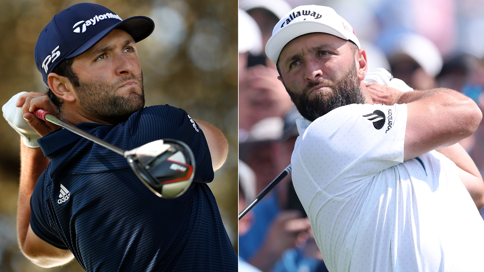 Jon Rahm hits a driver in 2019 and 2025