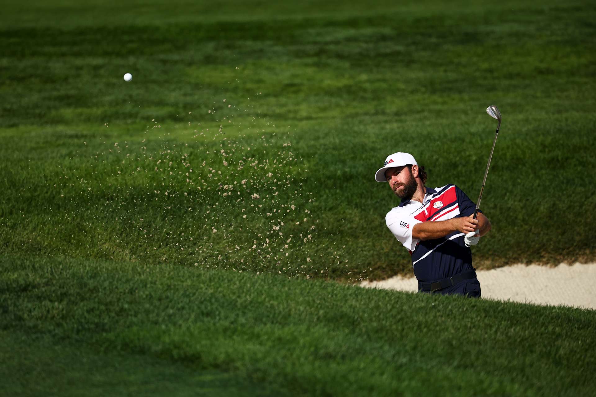 FARMINGDALE, NEW YORK - SEPTEMBER 22: Cameron Young of Team United States plays a shot from a bunker on the sixth hole during a practice round prior to the Ryder Cup 2025 at Black Course at Bethpage State Park Golf Course on September 22, 2025 in Farmingdale, New York. (Photo by Jared C. Tilton/Getty Images)