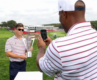 FARMINGDALE, NEW YORK - SEPTEMBER 24: Colin Jost poses for a photo with the All-Star Match trophy prior to the Ryder Cup 2025 at Black Course at Bethpage State Park Golf Course on September 24, 2025 in Farmingdale, New York. (Photo by Michael Reaves/PGA of America/PGA of America via Getty Images)