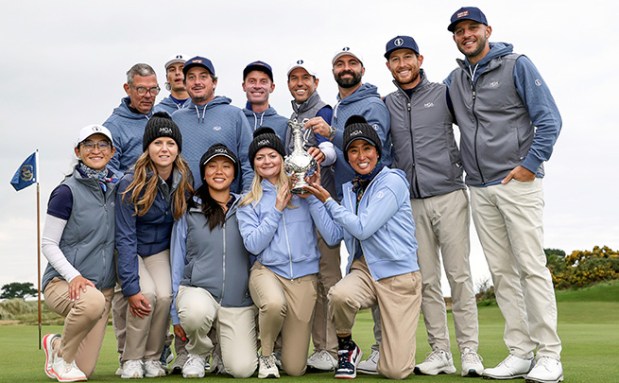 Ina Kim-Schaad (bottom row, far right) is photographed on Friday, Oct. 17, 2025, as the team from the Metropolitan Golf Association holds the trophy after winning the 18th Carey Cup over Golf Ireland at the Portmarnock Golf Club in Dublin, Ireland.