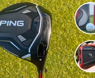 A Ping G430 Max 10K driver and a golf ball and rangefinder