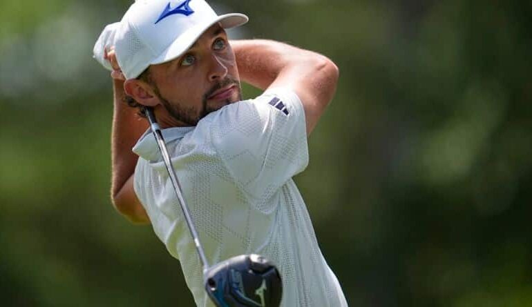 Marco Penge, of England, watches his tee shot on the third hole during the third round of the PGA Championship golf tournament at the Quail Hollow Club, Saturday, May 17, 2025, in Charlotte, N.C. (AP Photo/George Walker IV)